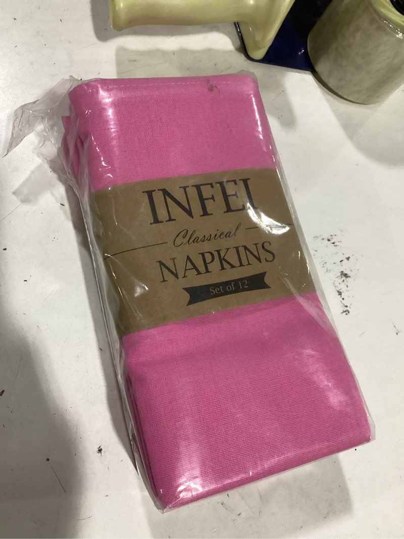Condition photo showing New/Like New for Solid Color Cotton Blended Dinner Cloth Napkins - Set of 12 (17 x 17 inches) - for Wedding Parties Events & Home Use (Pink)