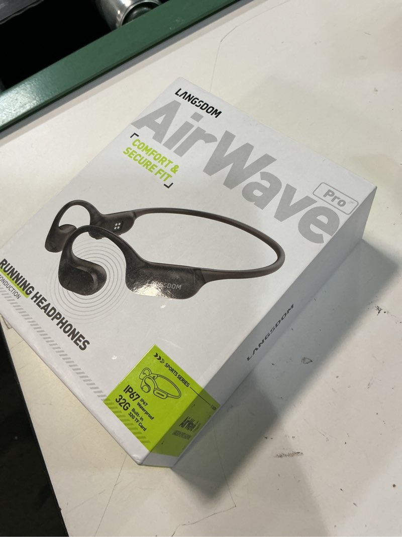 Condition photo showing New/Like New for langsdom running headphones airwave pro, open ear lightweight skin-friendly comfort, superior sound, ip67 waterproof, built-in 32gb mp3 mode, 17.5hrs battery life (black)