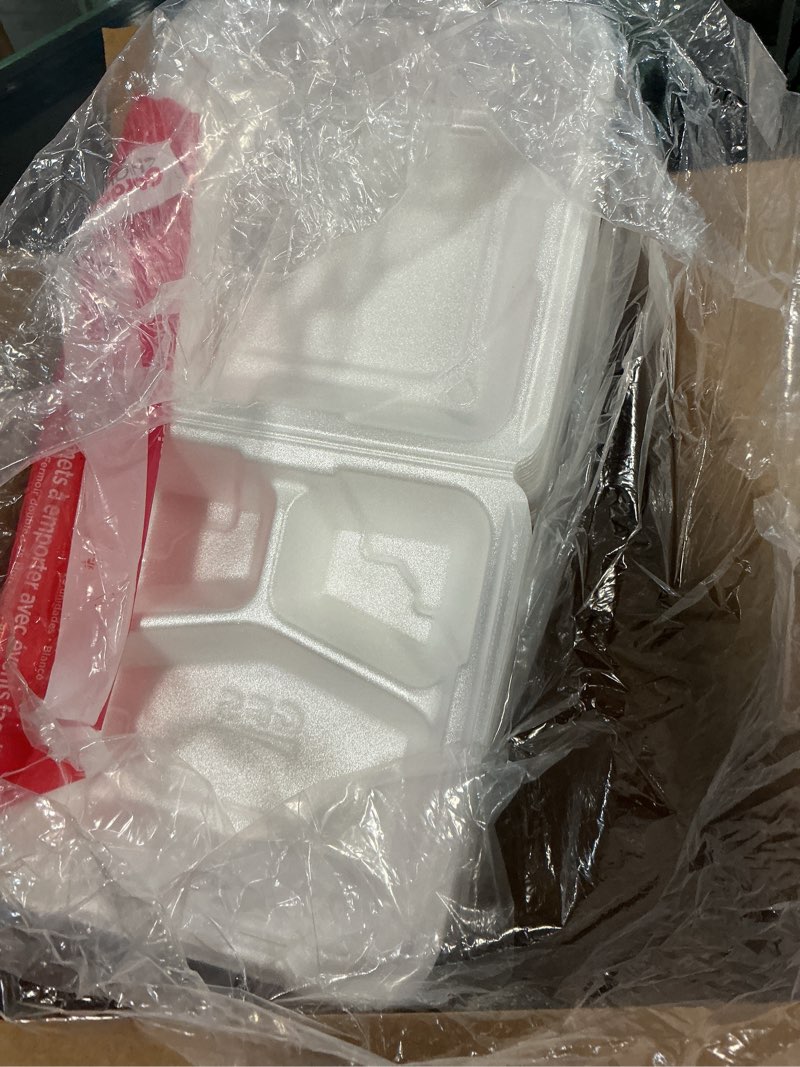 Condition photo showing As Is for concession essentials pack of 30ct choice large 9 x 9 x 3.5 inch foam 1-compartment containers, white, hinged, with optional venting, polystyrene, 9"l x 9"w x 3.5"h 9 x9- single compartment