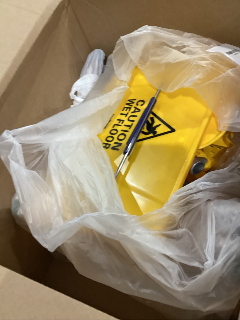 Condition photo showing As Is for mind reader mop and bucket set with wringer, mop included, 5.5 gallon cleaning system with wheels, upward press wringer, small mop compatible mop and mop bucket yellow
