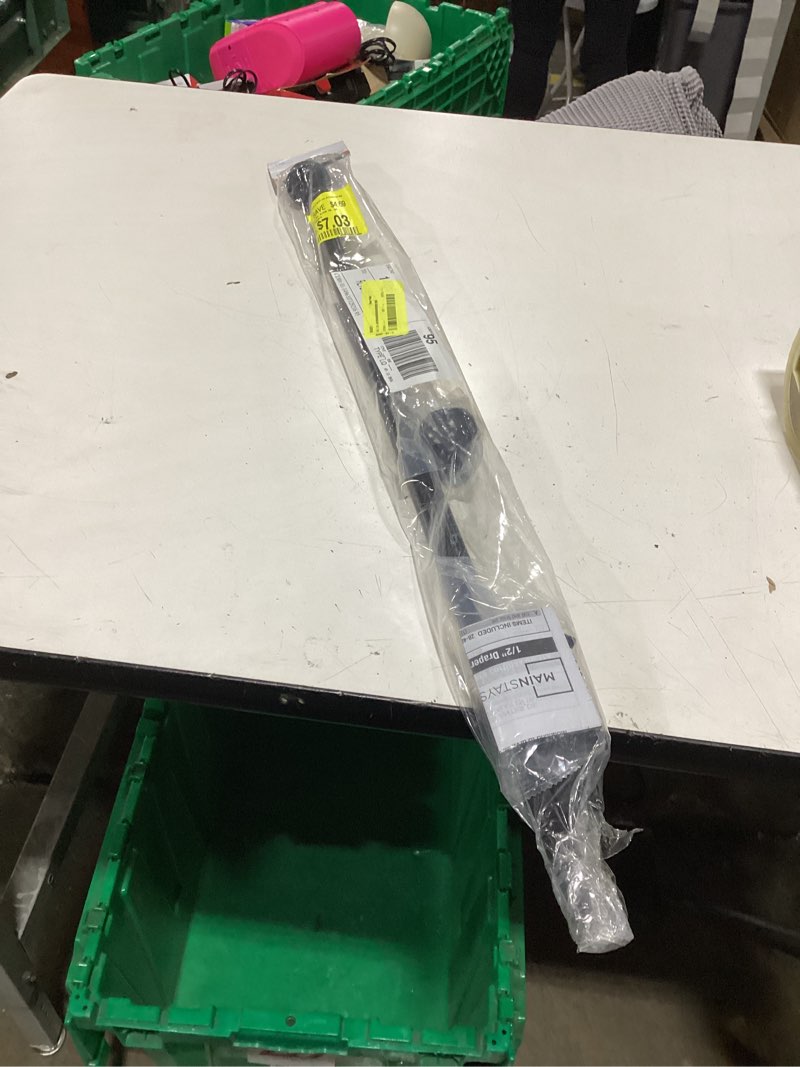 Condition photo showing New/Like New for mainstays 1/2" black filagree knob adjustable single curtain rod set, 28-48"