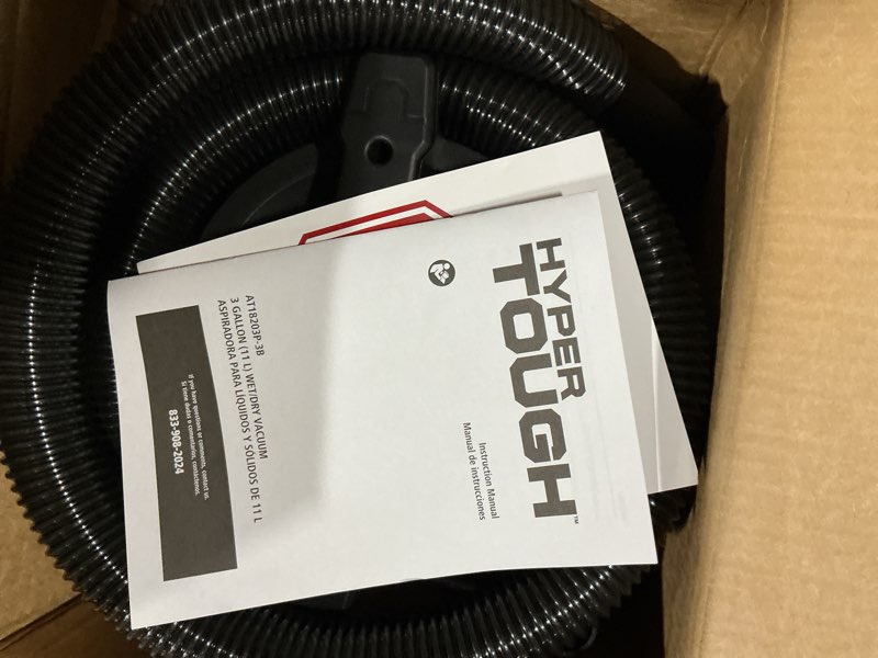 Condition photo showing As Is for hyper tough 3 gallon 3.5 hp poly wet dry vacuum for home, car, garage & workshop