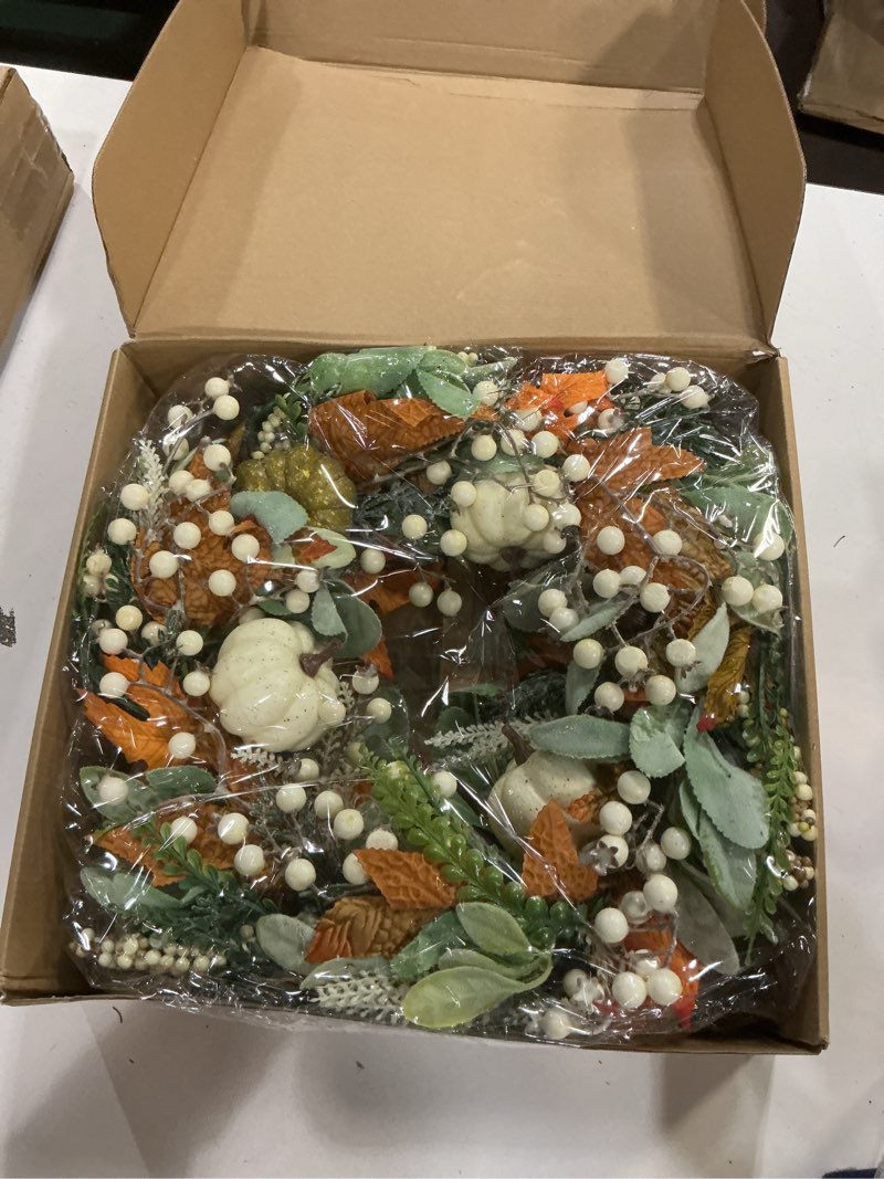 Condition photo showing New/Like New for 20inch Thanksgiving Fall Wreath, Eucalyptus Berries Pumpkins Lamb Ears Leaves Autumn Wreaths for Front Door, Fall Decor, Porch Wall, Home Outdoor Holiday Decorations Wreath for Autumn Pumpkin Wreath
