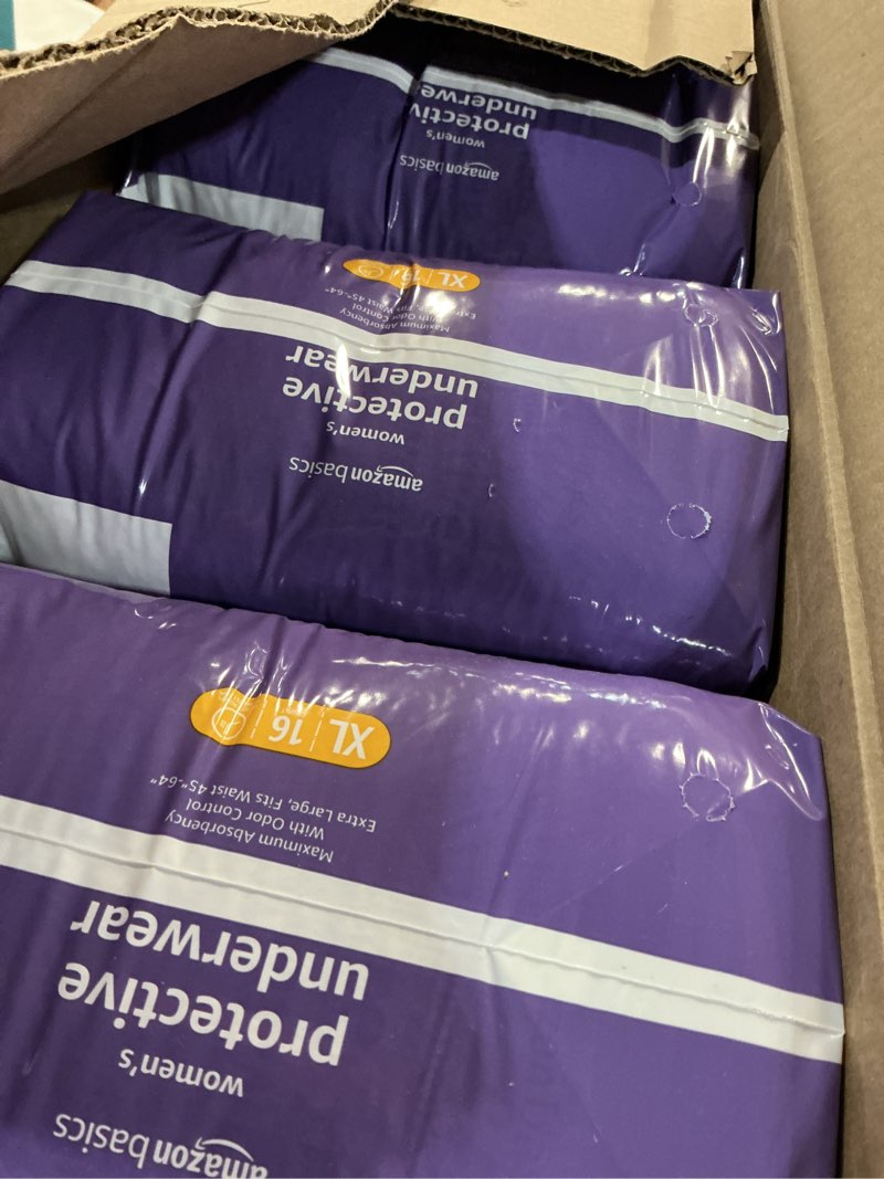 Condition photo showing New/Like New for Amazon Basics Incontinence Underwear for Women, Protective, Disposable, Postpartum, Maximum Absorbency, X-Large, Lavender, 48 Count (3 Packs of 16) X-Large 48