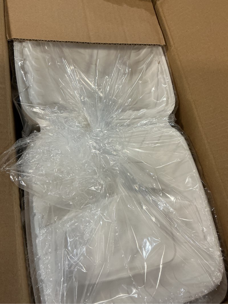 Condition photo showing New/Like New for 8x8" 3compartment 50-pack plastic clamshell take out food containers, heavy duty to-go disposable lunch box for cake, sandwich, salad, dessert, restaurant meal prep packaging catering hinged container 883c