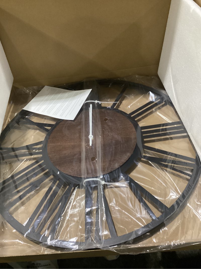 Condition photo showing New/Like New for cuspin 30 inch large wall clock, black metal decorative wall clock with wood center dial, silent non ticking battery operated roman numeral round wall clock for living room, bedroom, kitchen, office walnut roman dial 30 inch