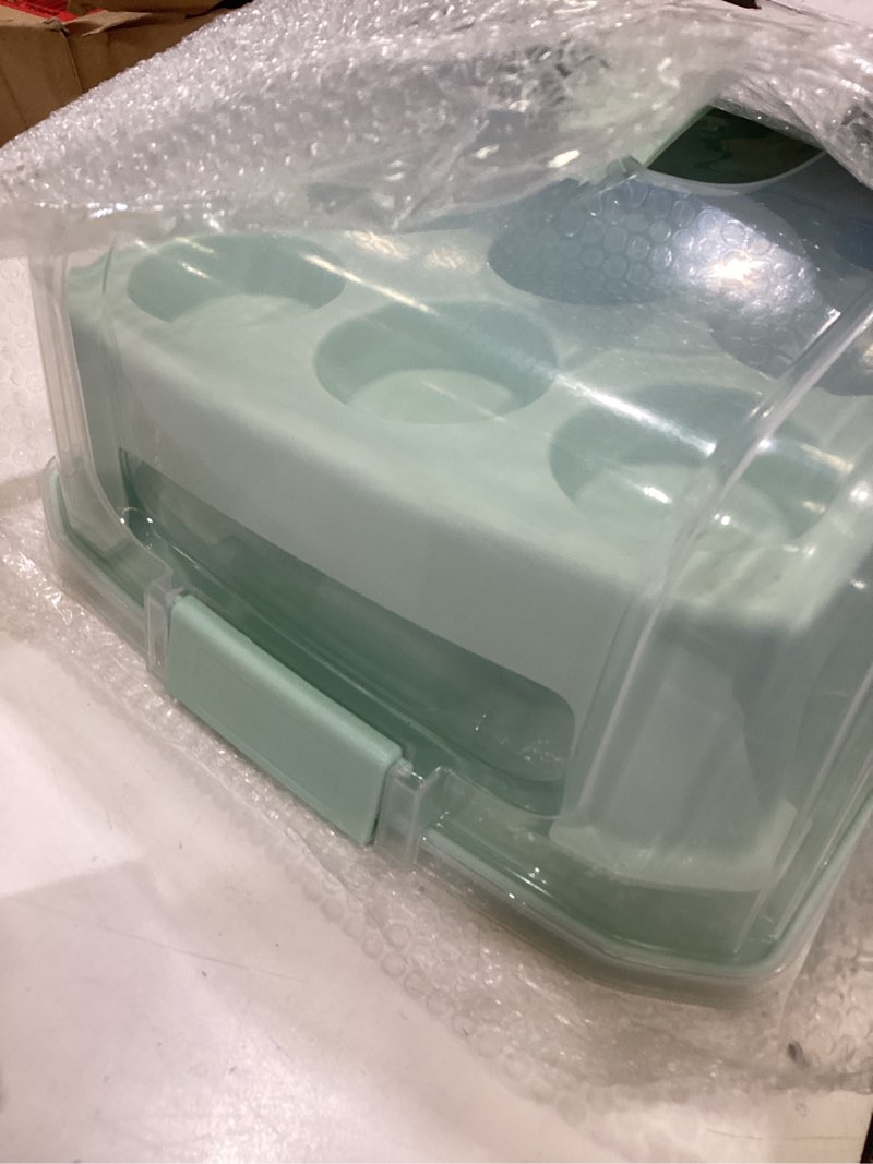 Condition photo showing Good Condition for cupcake carrier, extra tall lid, green cupcake holder carries 24 standard-size cupcakes, muffin traveler two tier stand reusable cupcake box