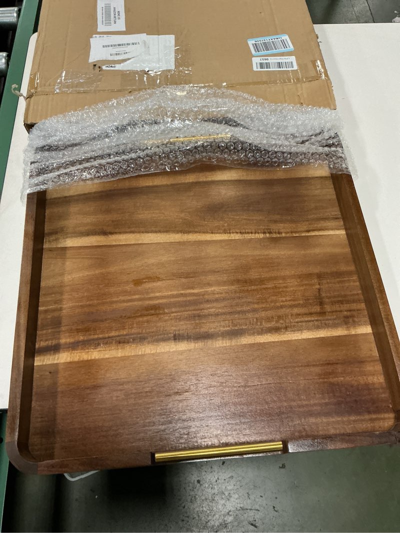Condition photo showing Good Condition for Large Square Ottoman Tray Wood Decorative Tray for Coffee Table Living Room Acacia Serving Trays with Gold Handles, 20" x 20" x 2"