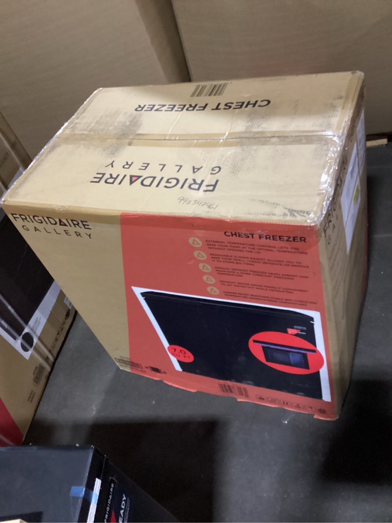 Condition photo showing As Is for FRIGIDAIRE EFRF7003-BLACK Chest Deep Freezer, 7 Cu. Ft, Black Adjustable Thermostat-Removable Vinyl Coated Wire Basket-Easy Defrost Drain 7 cu ft