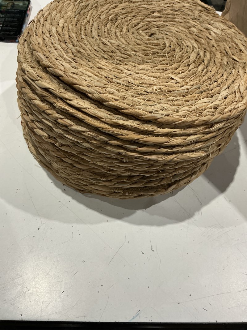 Condition photo showing As Is for 20pack round woven placemats - 12 inch natural grass table mats | circle rattan table place mat for heat resistant protection, rustic farmhouse dining decor