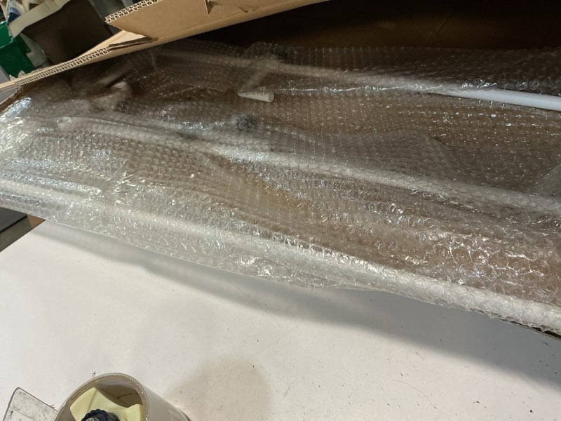 Condition photo showing As Is for Metal Free Standing Adjustable Display Stand Scroll Easel with Chain Support, White Easel Stand for Sign, Wedding, Picture Frame. (No Installation Required) Scroll-White