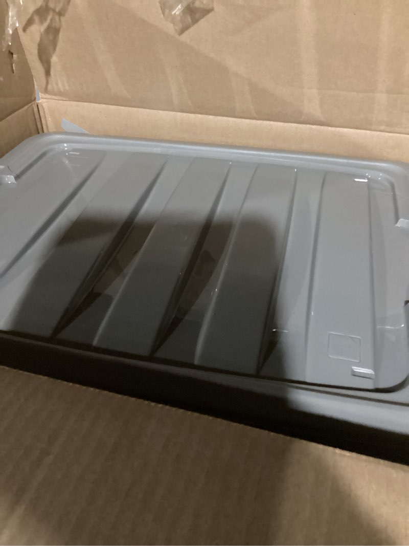 Condition photo showing As Is for Amazon Basics Plastic Storage Containers with Secure Latching Lids, Stackable Organization Bins, Clear/Grey, 32 Quart, Set of 6 32 Qt. - 6 Pack
