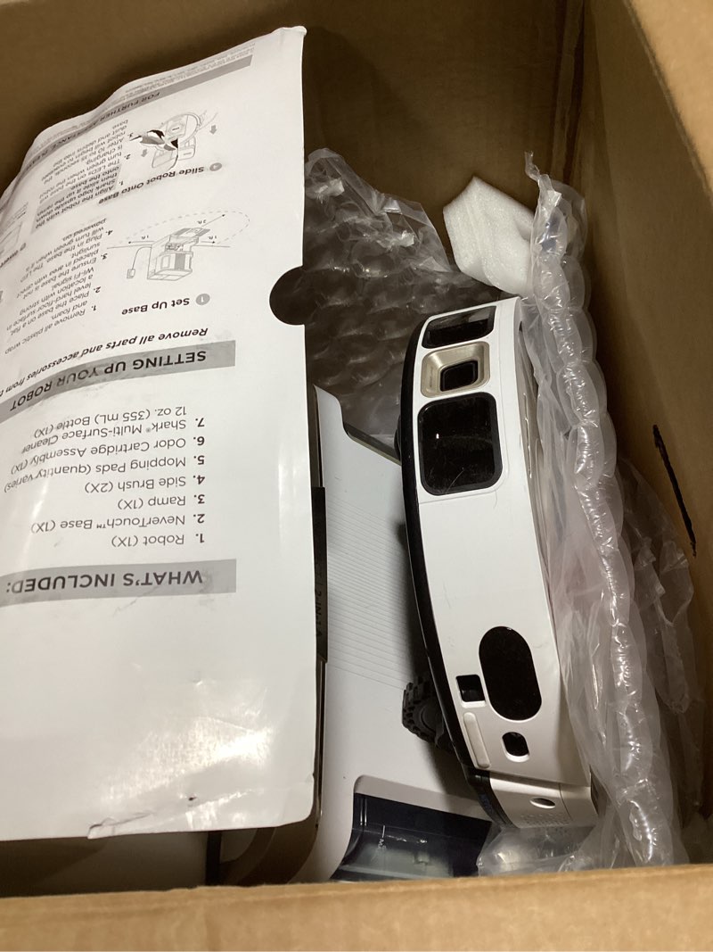 Condition photo showing As Is for Shark Robot Vacuum & Mop Combo, PowerDetect NeverTouch Pro, Pad Wash & Dry, 60-Day Debris Capacity, 5PowerDetect Technologies,White,AV2800ZE, for Carpets & Hardfloors Wet+Dry AutoRefill+SelfClean-White