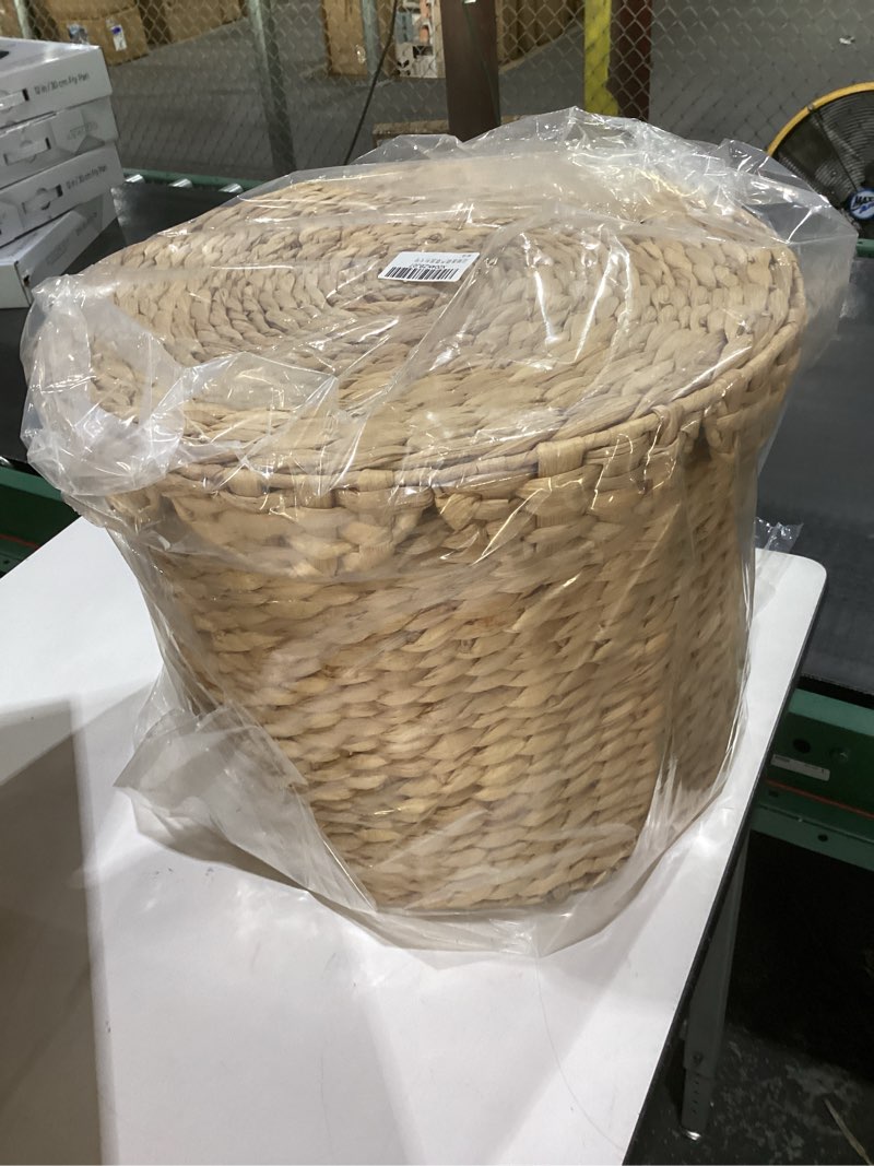 Condition photo showing Good Condition for Vintage Woven Storage Basket with Scalloped Lid - Handwoven Water Hyacinth Laundry Hamper for Clothes, Blankets, Toys Organizing - Natural Wicker Basket with Lid (Large Round)