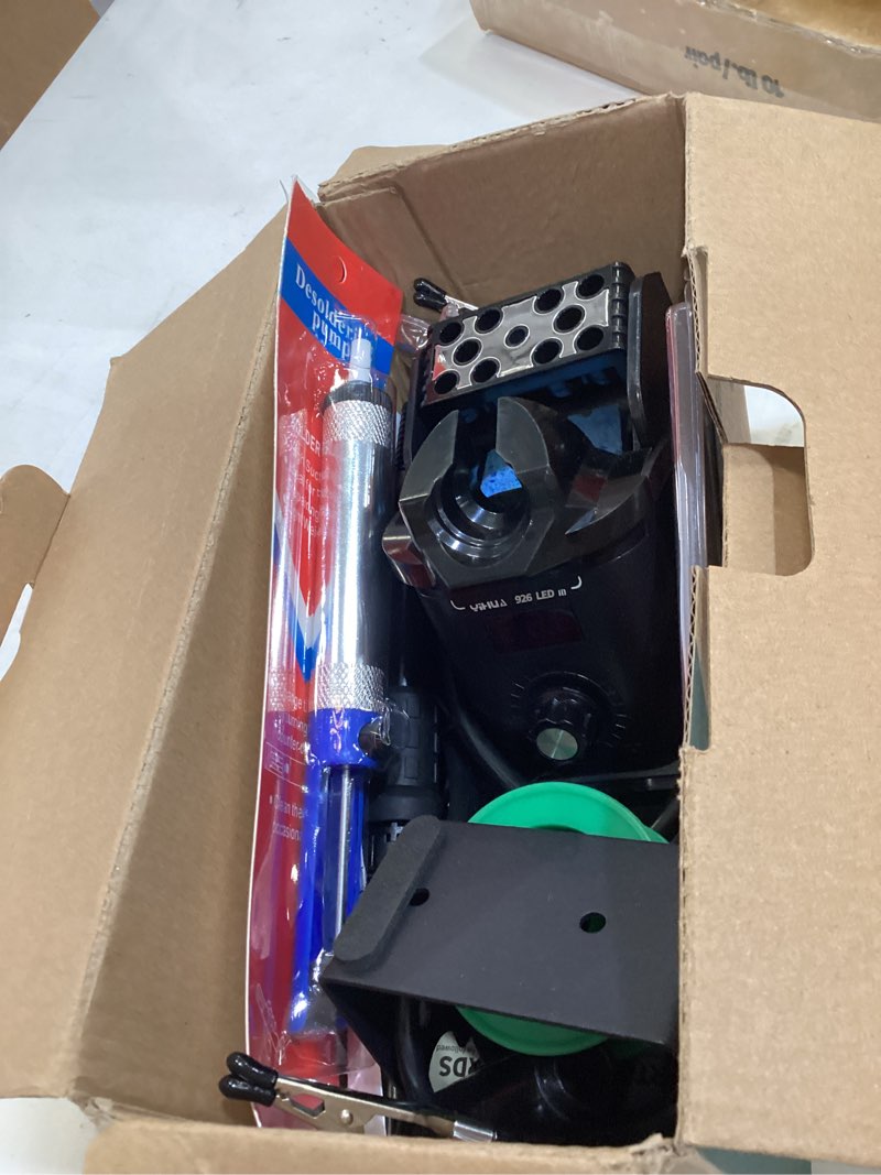 Condition photo showing As Is for yihua 926 iii 60w digital display soldering iron station kit w 2 helping hands, 6 extra iron tips, lead-free solder, solder sucker, s/s tweezers, °c/ºf conversion, auto sleep & calibration support black
