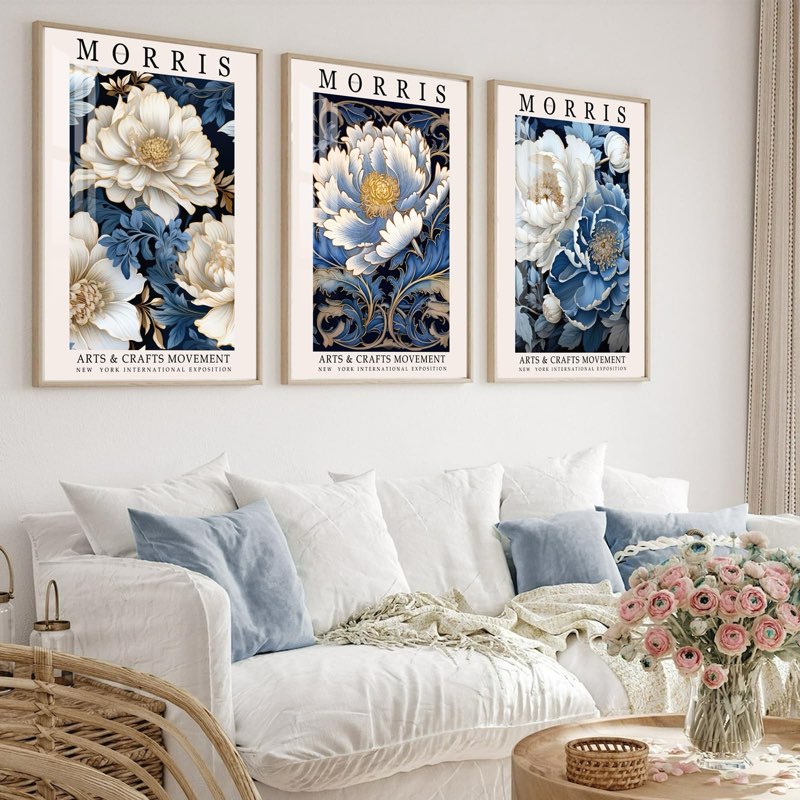 William Morris Vintage Floral Canvas Paintings - Abstract Wall Art Prints Set of 3, 16x24 in Framed,