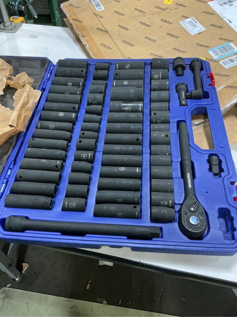 Condition photo showing Good Condition for workpro 1/2” drive impact socket set, 65pcs sae(3/8”-1-1/4”) and metric(10-24mm) deep & shallow kit, ratchet handle, extension bar, impact universal joint and adapters for automotive repair 65 pcs, metric&sae