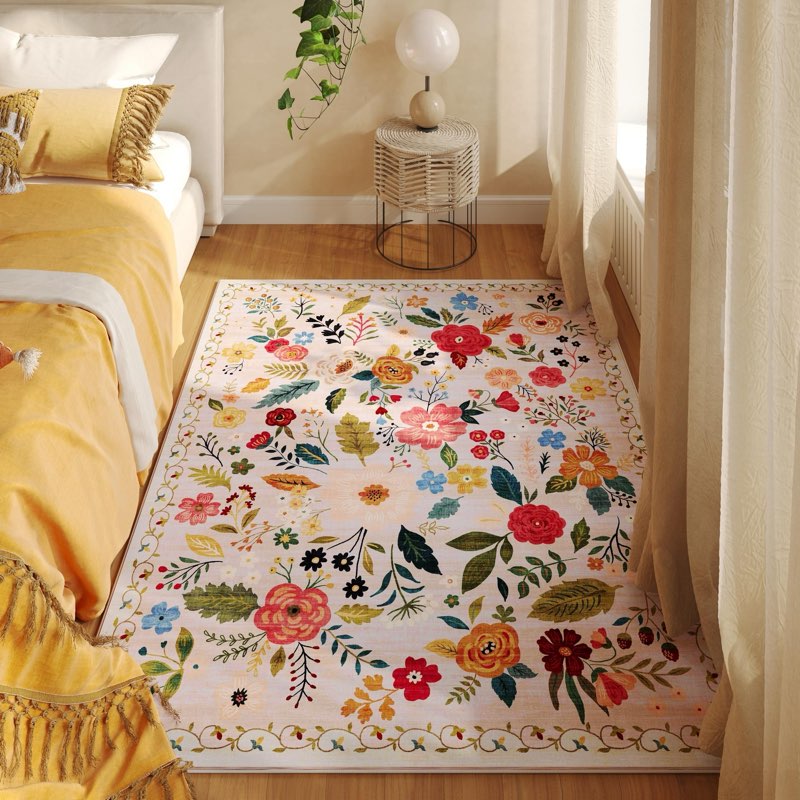 Vowkten Bedroom Rug 3x5 Rug Washable Area Rug Non Slip Low Pile Vintage Floral Small Carpet for Bedr