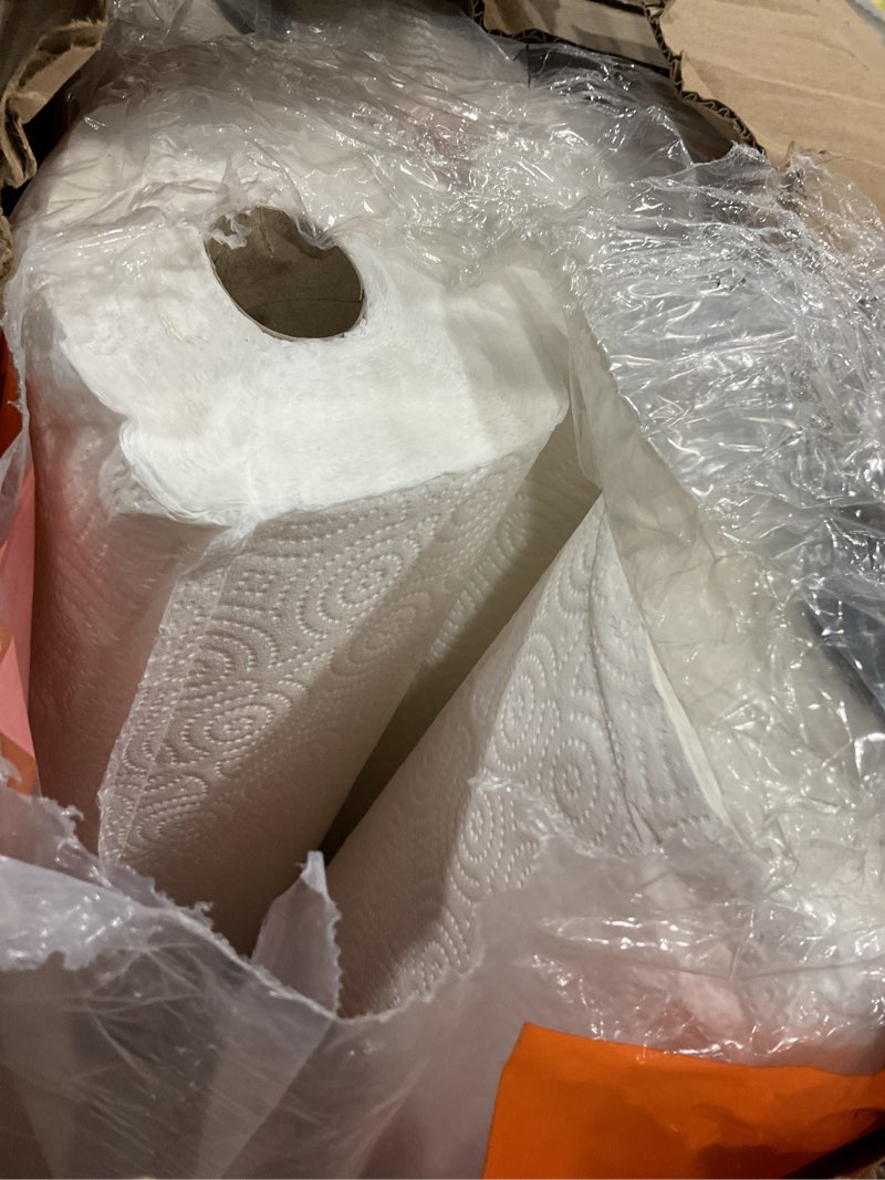 Condition photo showing As Is for amazon basics 2-ply flex-sheets paper towels, 12 basics rolls = 40 regular rolls, everyday value with 150 sheets per roll, packaging may vary
