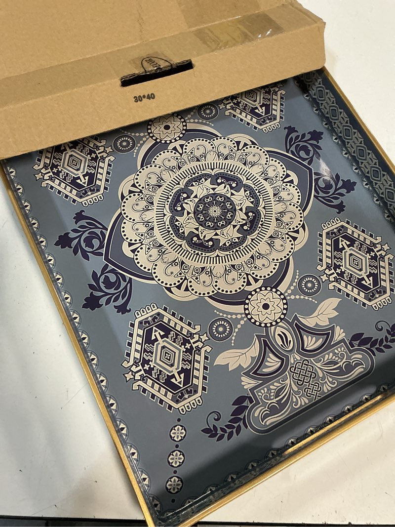 Condition photo showing Good Condition for rectangle plastic serving tray with handles, elegant decorative tray for coffee table, ottoman, living room, kitchen, outdoor use. 12"*16"*1.6" b om3040b 16" x 12" x 1.6"