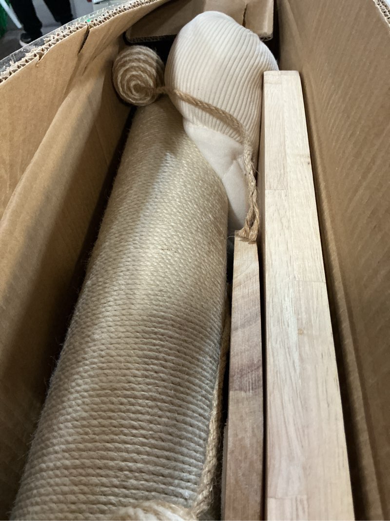 Condition photo showing Good Condition for modern cat tree small tower with scratching post for indoor, solid wood multifunctional corner cat tree tower with bed, dangling ball,interactive rope, scratching board 28 inch white