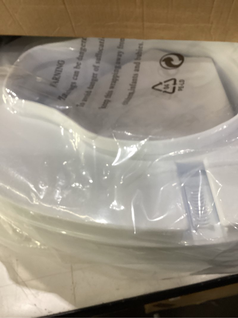 Condition photo showing New/Like New for raised toilet seat with lid for elderly, 4" high toilet seat for elongated or standard commode, raised toilet seat for seniors, handicap toilet seat riser with cover