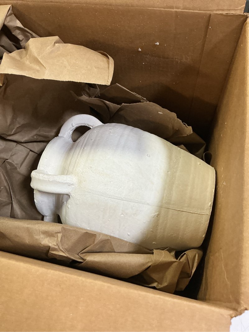 Condition photo showing As Is for Handmade Flower Vase, 12" Tall Terracotta Vase, White Vintage Ceramic vase, Rustic Antique Decor with 3 Handles, Wide Mouth, Matte Finish for Home Office Resto Café Décor White With Handles 12"