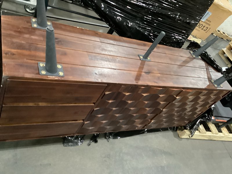 Condition photo showing As Is for Bme Georgina Solid Wood Sideboard with Geometric Pattern, 2 Doors and 3 Drawers, 61 Inch Mid Century Modern Sideboard Cabinet for Kitchen, Dining Room, Living Room, Dark Choco Dark Choco Sideboard