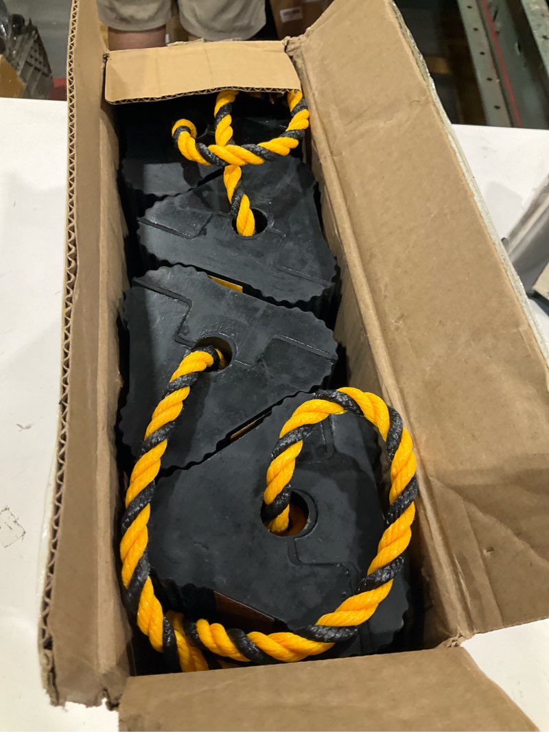 Condition photo showing Good Condition for Wheel Chocks (2pair/4pack with Rope) for RV Trailer Camper Truck Car Aircraft, Versatile Heavy Duty Rubber Wheel Chocks Block with 3 Reflective Strips, Tire Wheel Immobilizers & Chocks