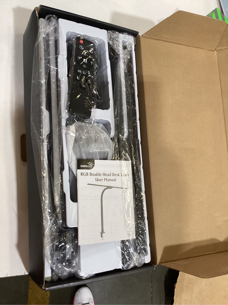 Condition photo showing Good Condition for sibrille upgraded led desk lamp for home office with rgb, rotatable computer desk light with remote, tall table lamp with clamp for working, dimmable dual head task lighting for monitor pc, 22w black rgb