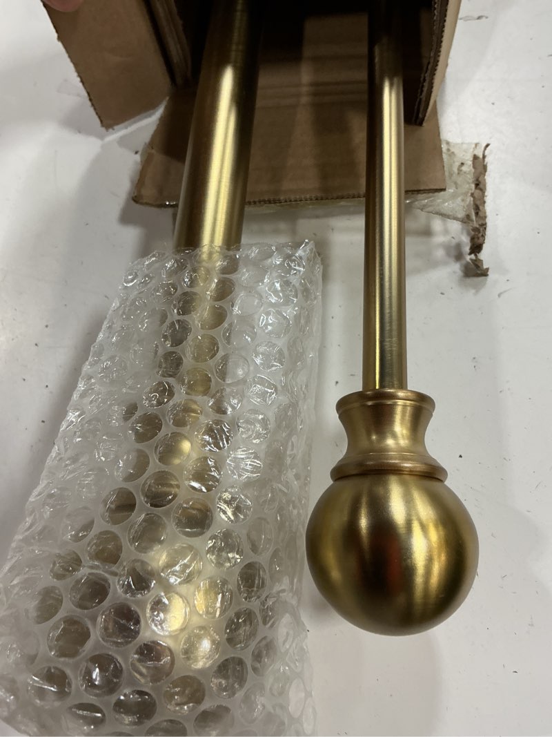 Condition photo showing Good Condition for double curtain rods warm gold, double rod curtain for window 28-48 inches, adjustable double drapery rod with round finials, 1-inch front and 5/8 inch back double rod curtain rods warm gold warm gold 28-48"