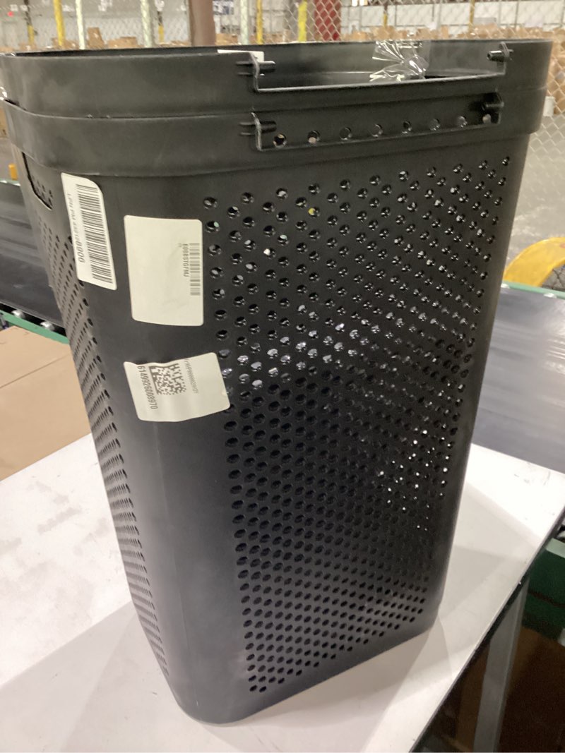 Condition photo showing As Is for damaged mind reader 60l slim laundry hamper, clothes basket, lid, ventilated, plastic, set of 2, black black 2-pack
