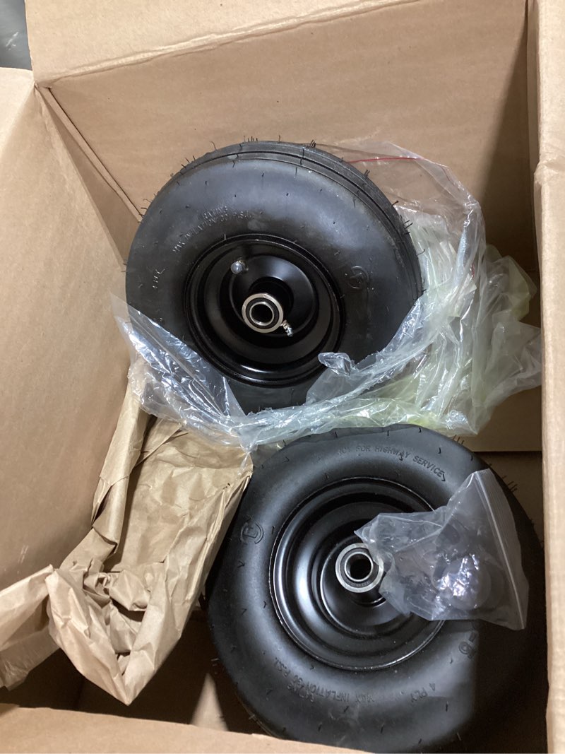 Condition photo showing Good Condition for ar-pro (2-pack) 11x4.00-5 tire and wheel assembly, 11x4-5 lawnmower tire (4-ply) and rim with tube, 3.4” centered hub with 3/4” bearings, universal lawn mower/yard tractor turf tires 11 x 4.00-5" pneumatic black(rib tread)