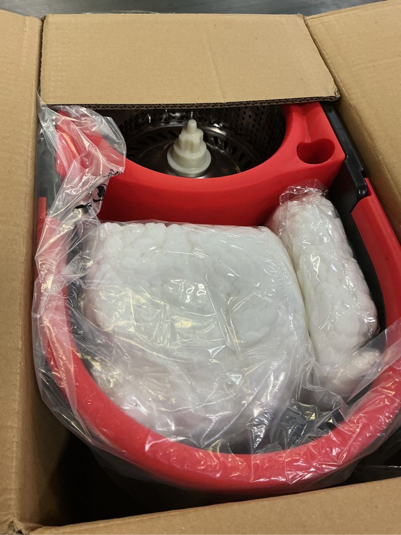 Condition photo showing New/Like New for spin mop and bucket with wringer set on wheels, 360 spinning mop with stainless steel handle for all hard surfaces, floor cleaning system with 3 microfiber replacement heads, black/red
