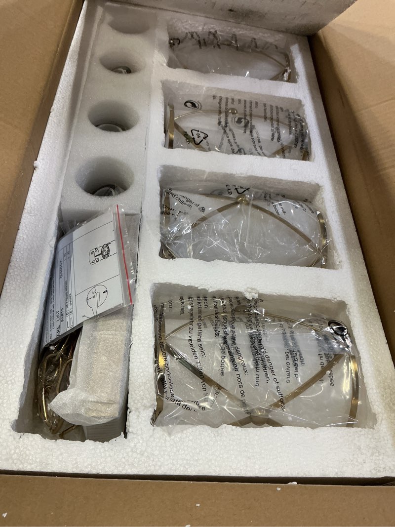 Condition photo showing As Is for 4-light kitchen island lighting, modern brushed gold dining room light fixtures with clear glass, farmhouse industrial linear chandelier pendant light with adjustable chain, ch9176bg-4is gold, clear glass 4-light, 1 pack