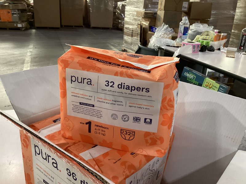 Condition photo showing New/Like New for Pura Hypoallergenic Diapers, Size 1 (4-11lbs), Newborn, Totally Chlorine Free, Wetness Indicator, Suitable for Sensitive Skin, Soft Organic Cotton Comfort, Overnight, 3 Packs of 32 (96 Baby Diapers) Size 1 96
