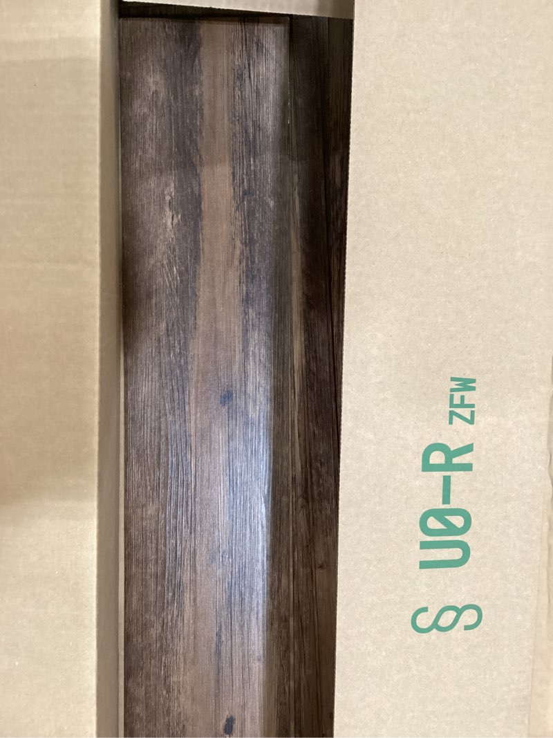 Condition photo showing As Is for peel and stick vinyl flooring 36 pack 54 sq.ft, waterproof vinyl flooring peel and stick for office, living room, bathroom, kitchen - unique design, easy to install floor black 36 x 6 x 0.1 inches black 36