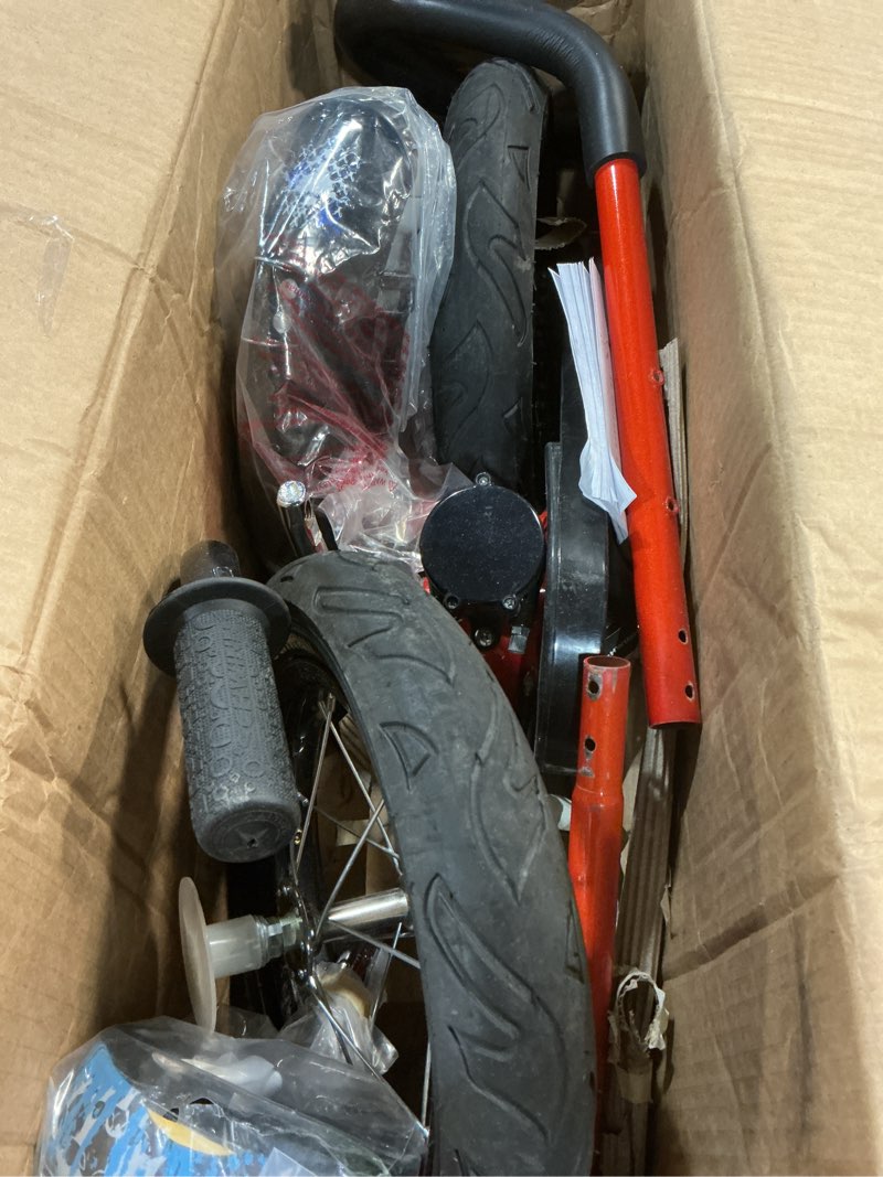 Condition photo showing As Is for schwinn petunia and grit bike, bike for kids ages 2-4, steerable beginner bicycle with training wheels, parent push handle, rear coaster brake, adjustable seat orange 12-inch wheels grit bicycle