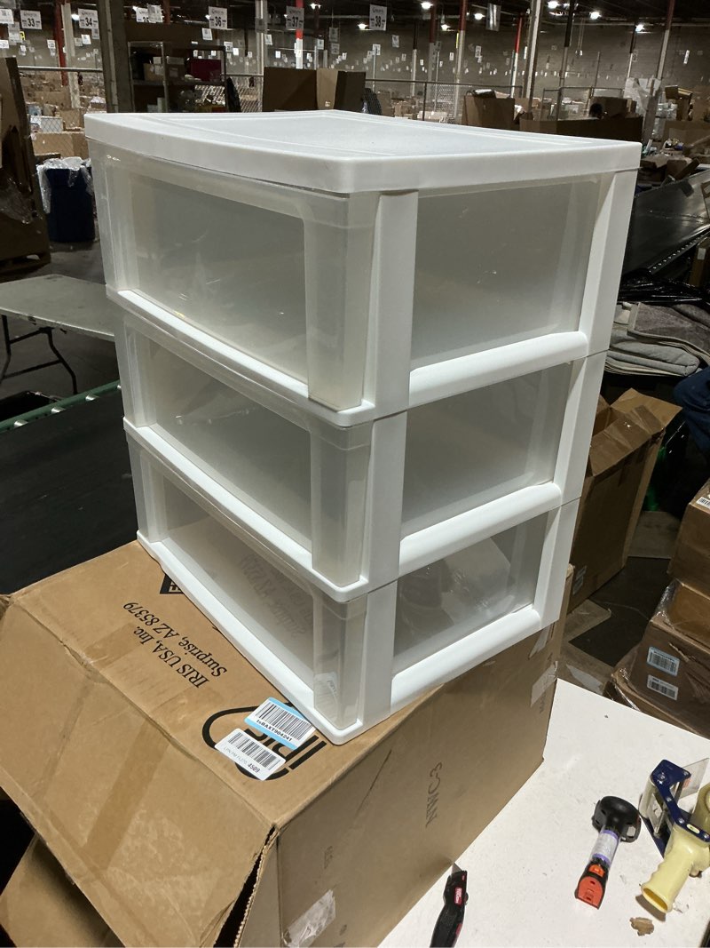 Condition photo showing As Is for iris usa 3 drawer wide plastic storage drawer cart with caster wheels, white/clear