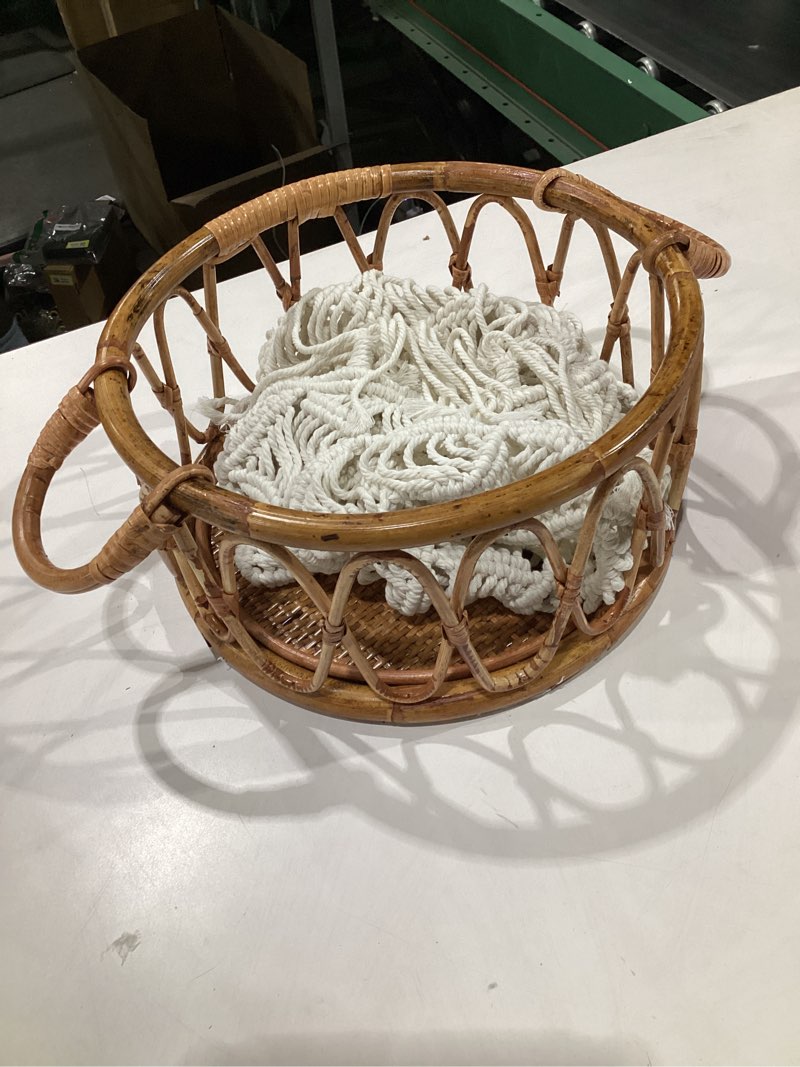 Condition photo showing Good Condition for Kate Newborn Photography Props Rattan Circular Basket Handcrafted Bed Mini Bed with Boho Woven Blanket and Stretch Wrap for Baby Photography Posing Props Photoshoot Basket with Mat and Baby Wrap