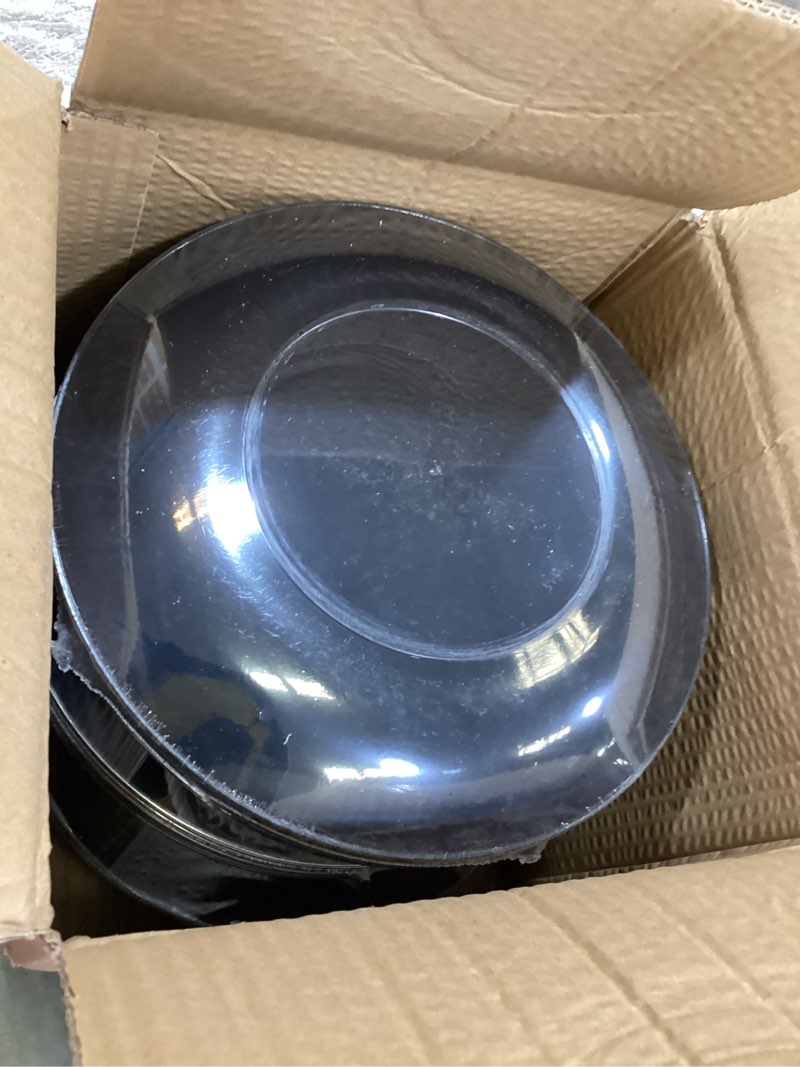 Condition photo showing Good Condition for plasticpro piece combo plates set - 64-7" & 64-10" black plates with silver rim - premium heavyweight, disposable black with silver rim