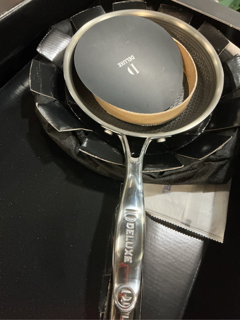 Condition photo showing As Is for DELUXE Hybrid Ceramic Nonstick 5-Piece Fry Pan Set,8,10,12 Inch Frying Pans with Tempered Glass Lids,Stay-Cool Handles, Dishwasher Safe, Works on All Stovetops (Induction, Gas, Electric) 5-Piece Fry Pan Set 8+10+12 Inch