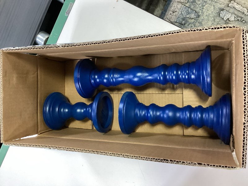 Condition photo showing Good Condition for Ferrochef Set of 3 Navy Blue Candle Holders Rustic Farmhouse Mango Wood Candlestick Holder Large Pil