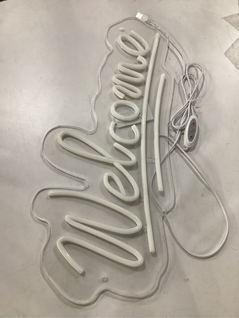 Condition photo showing Good Condition for welcome neon sign welcome led neon light wall art sign light up with on/off switch neon light for business storefront home door window glass door shop store florists bar salon cafes restaurant pubs, housewarming & birthday party gifts(22'', white) white welcome 22 inch