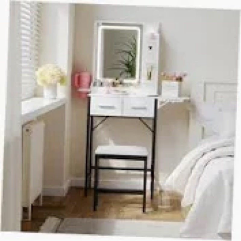 MemoCastle Small Vanity Desk for Compact Space: Mini Makeup Table Set for Bedroom - Tiny White Vanit