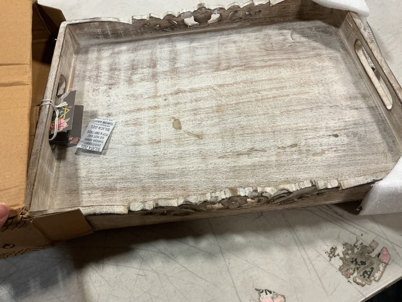 Condition photo showing New/Like New for mela artisans 16” x 12” x 2.5” mango wood orchid serving tray with handles – ottoman distressed white– large handcrafted wooden serving board for coffee, snacks & home décor finish- distressed white 16" x 12" x 2.5"