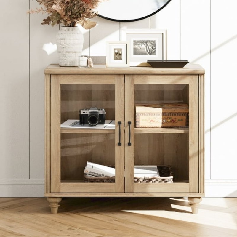 wamapt sideboard buffet cabinets with glass door and adjustable shelf, oak 34 inch
