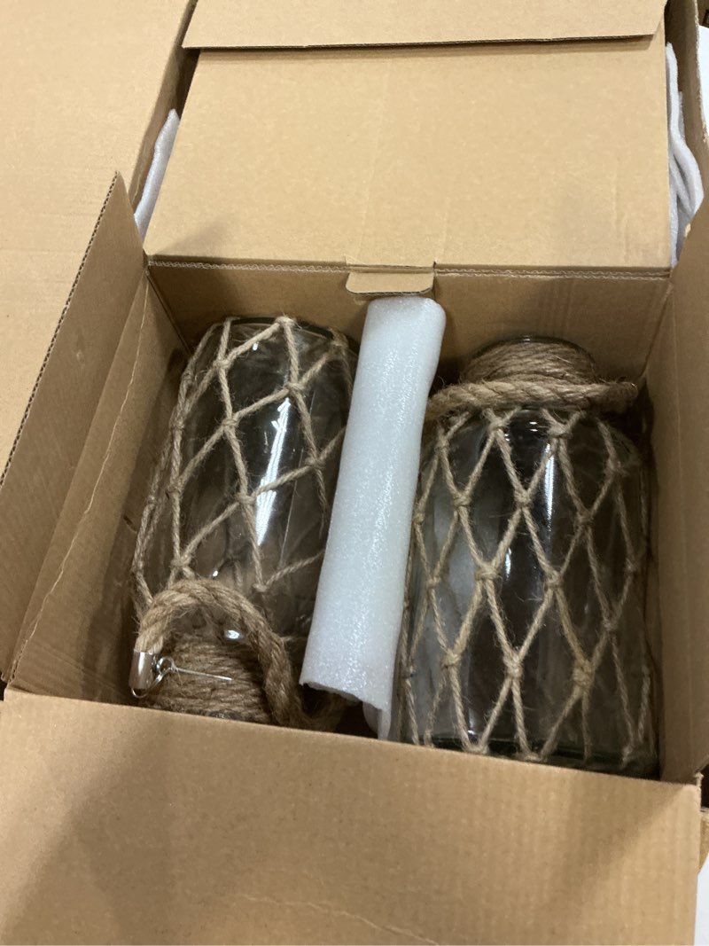 Condition photo showing Good Condition for set of 4 rope net dry flower glass vase 7.9 x 4 inches wicker farmhouse vase coastal decor for wedding tables home rustic hanging mason jar rope wrapping decorative bottles nautical decor