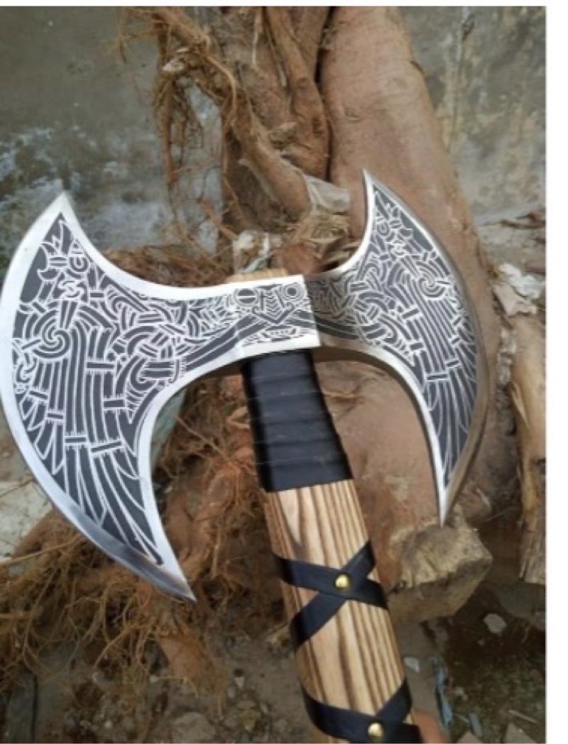 Hand-Forged Double Headed Viking Axe – 27" Odin's Carbon Steel Battle Hatchet with Leather Wrapped W