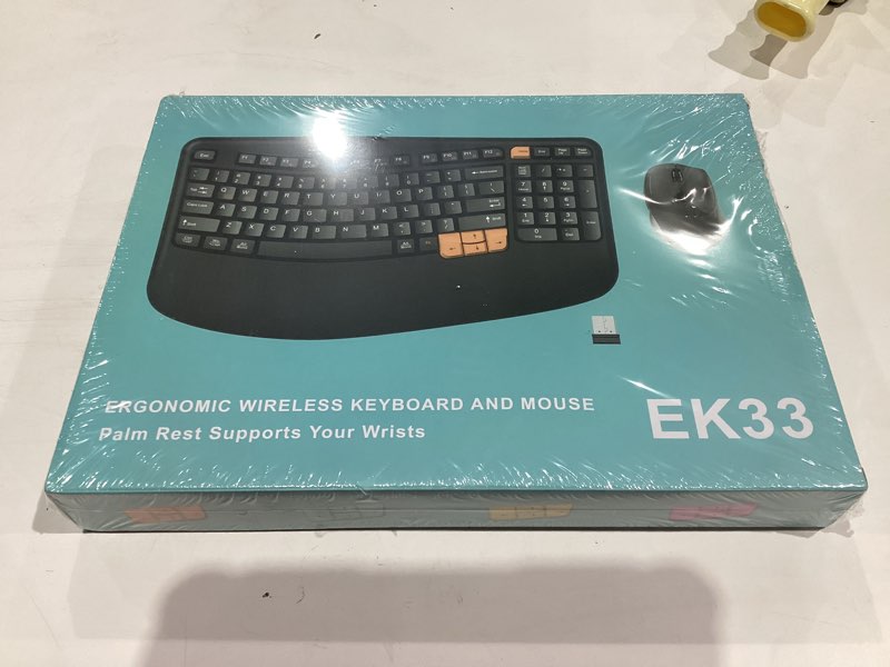 Condition photo showing New/Like New for Wireless Keyboard and Mouse Combo, 2.4G Wave Keys Ergonomic Keyboard with Palm Rest and 3 DPI Silent Mouse, Compact Size for Natural Typing, Spill-Resistant, for Windows/PC/Laptop/Mac(Black)